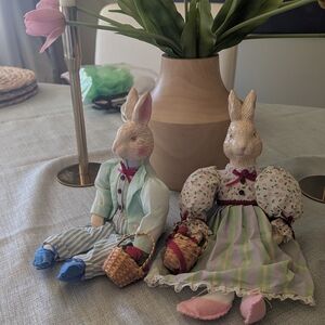 Charming Bunny Couple Figurines with Baskets